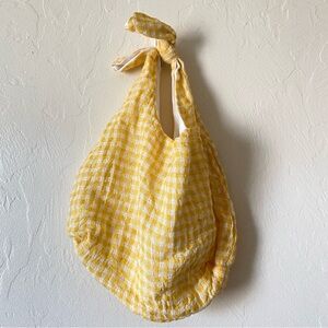 Free People Yellow & Cream Plaid Rounded Cotton Knit Bow Handle Mini Bag